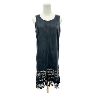 Boho Faux Suede Fringe Hem Shift Dress Small Southwestern Aztec